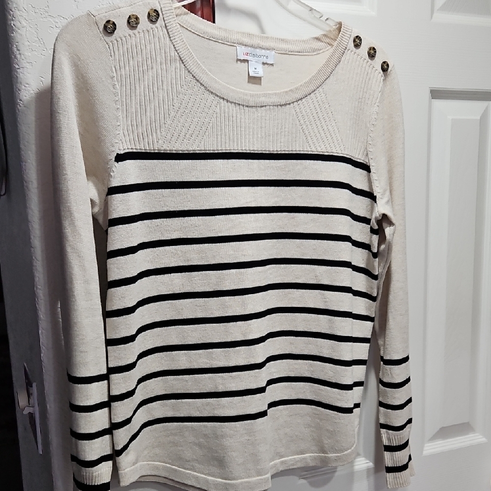 Liz Claiborne Cream and Black Striped Button-Shoulder Sweater